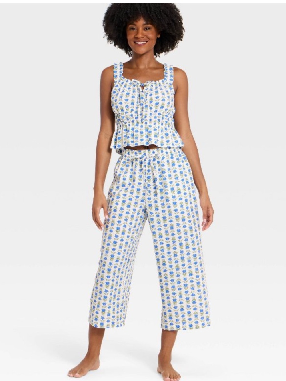 Blue Floral Print Wide-Leg Pajama Lounge Set S Auden Pants Ruffle Tank New Top
